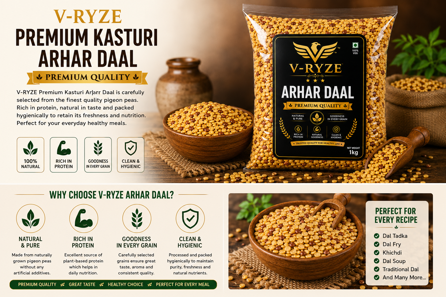 V-RYZE Premium Kasturi Arhar Daal 1kg infographic showing natural and hygienically packed toor dal with high protein, clean grains, premium quality, health benefits, and ideal uses for dal tadka, khichdi, soup, and everyday Indian cooking.