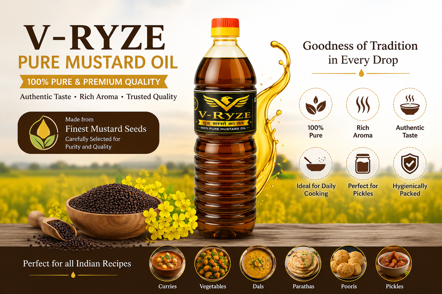V-Ryze Pure Mustard Oil – Premium Edible Mustard Oil for Traditional Indian Cooking