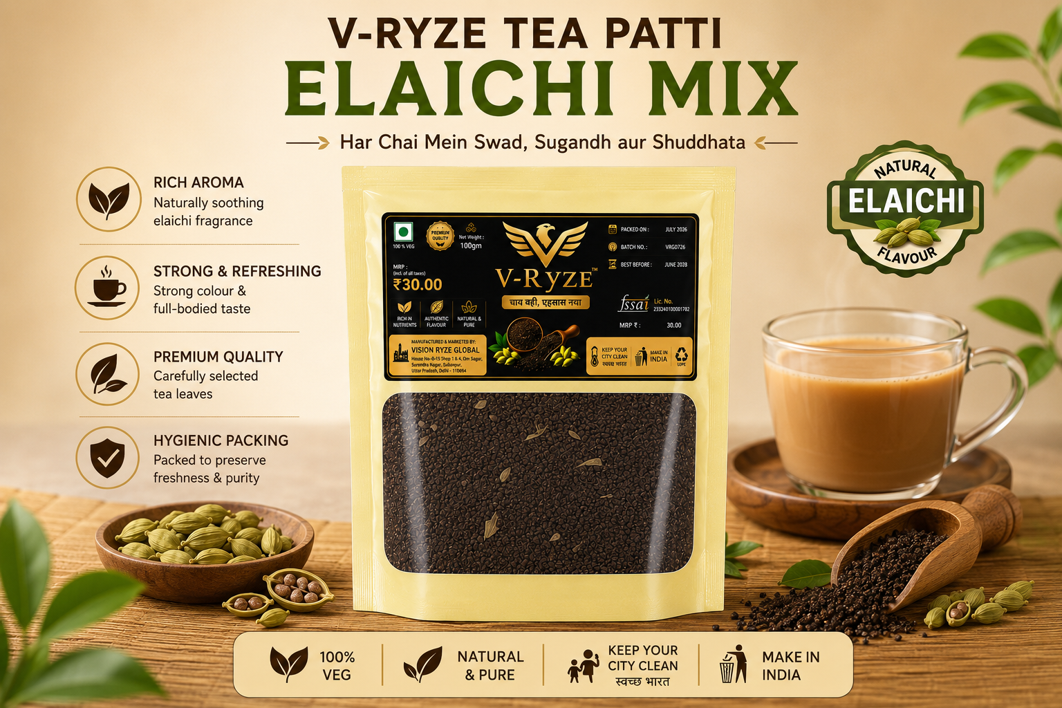 V-Ryze Tea Patti Elaichi Mix 100g Premium CTC Tea with Natural Cardamom Flavour and Rich Aroma