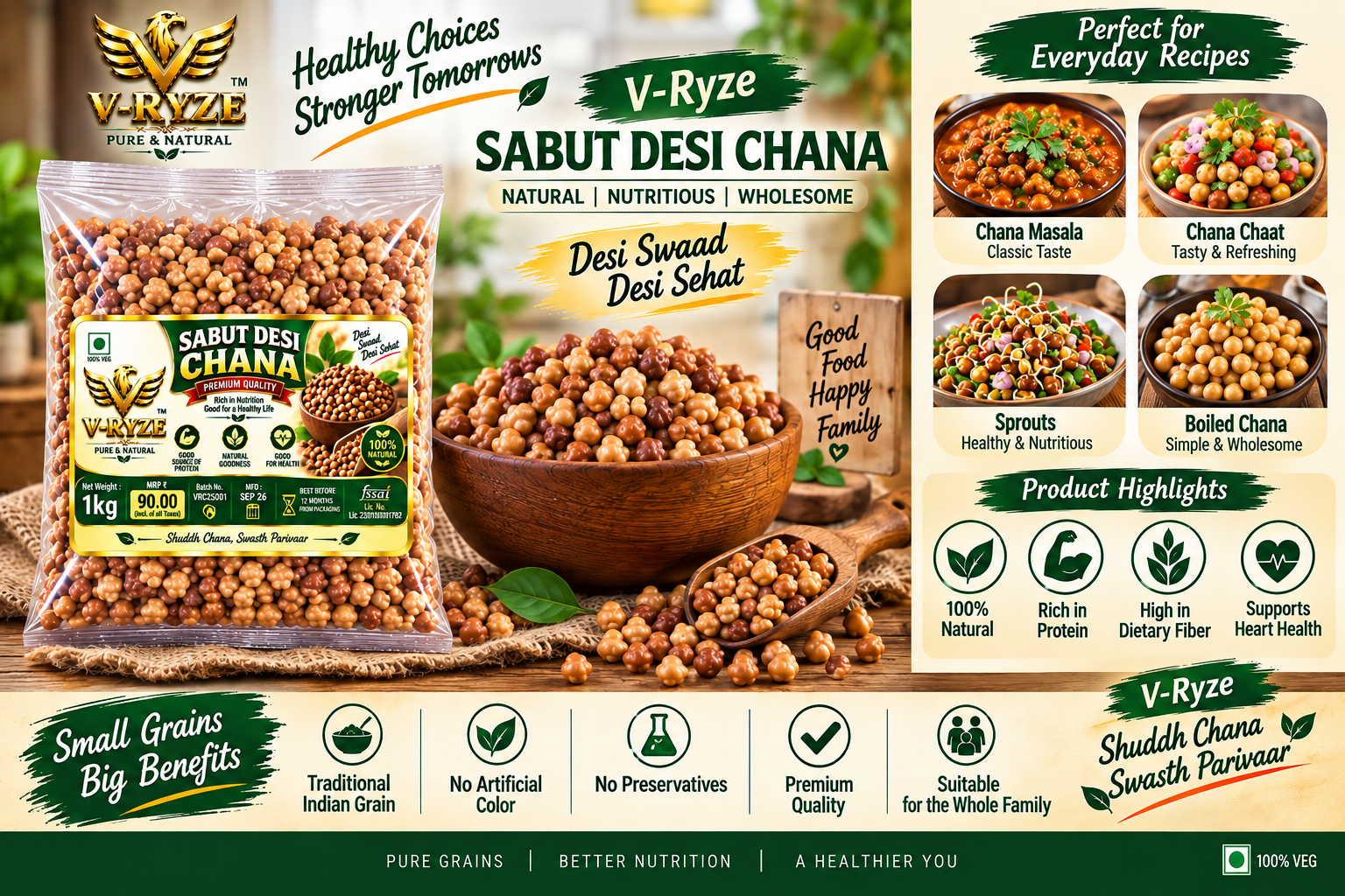 V-Ryze Sabut Desi Chana 1kg premium quality whole desi chickpeas recipes poster
