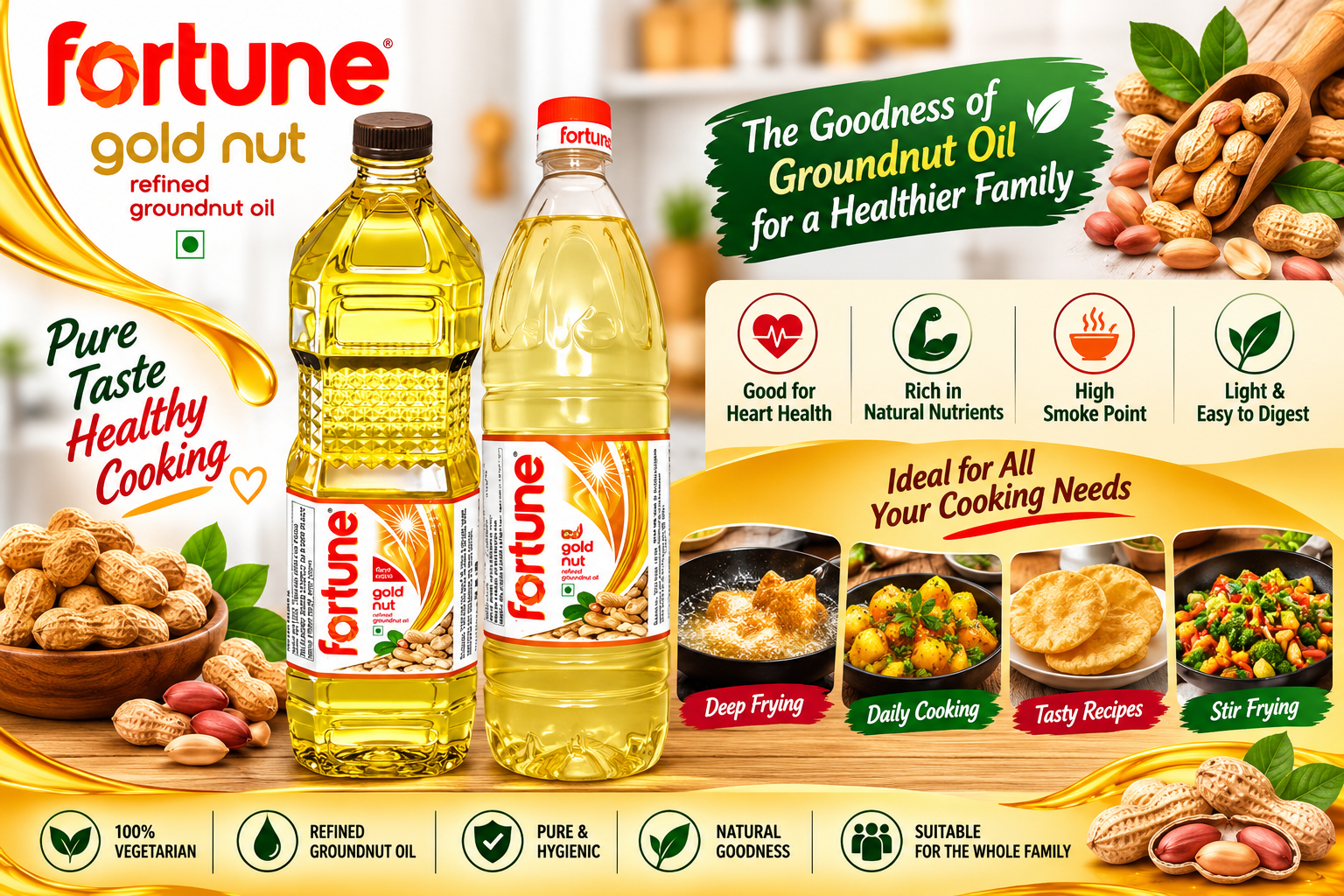 Fortune Gold Nut Refined Groundnut Oil promotional poster with cooking uses